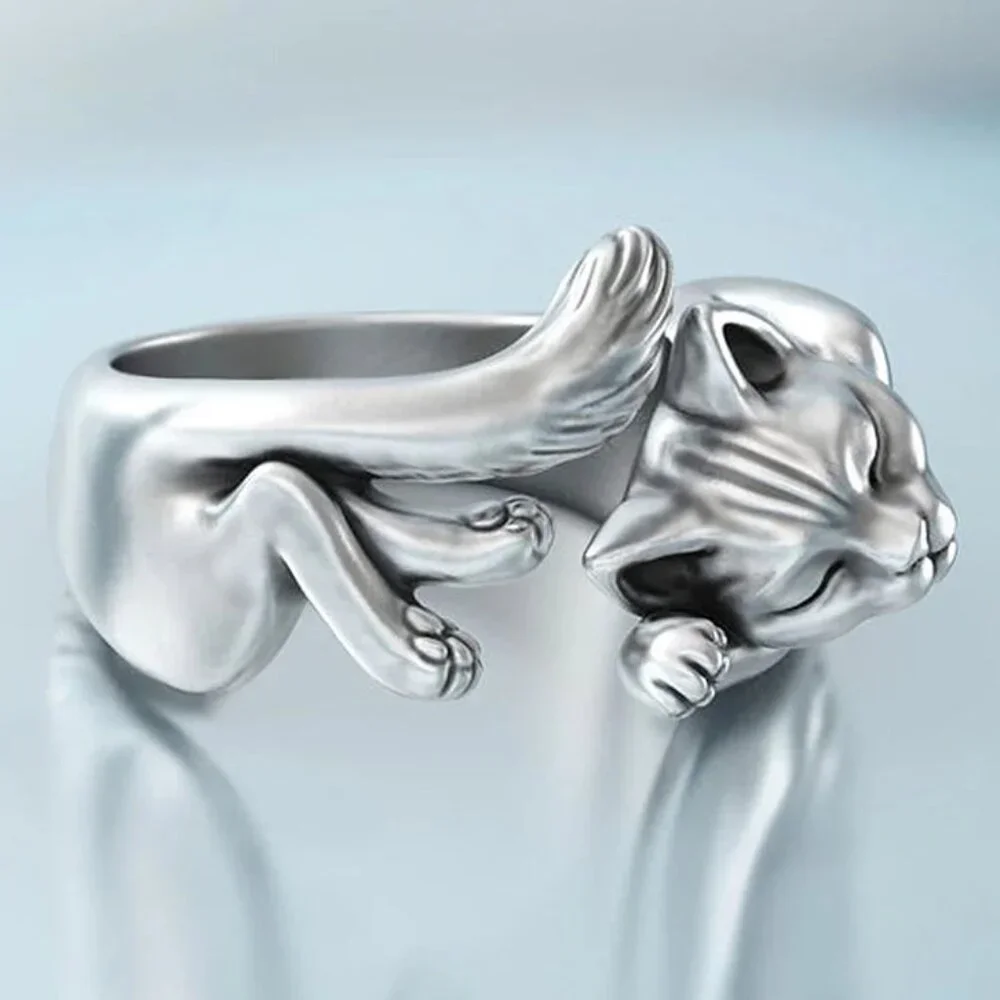 Kitty Cat Ring 925 Silver Plated Copper Totem Ring Adjustable New